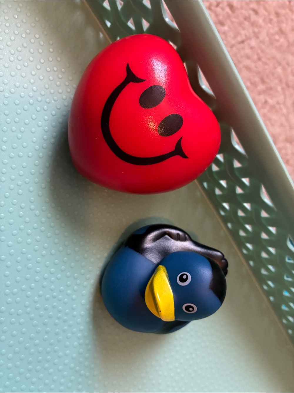 2pc Fidget Toy Red Smiley Heart Sturdy Stress Ball Blue Fish Rubber Ducky